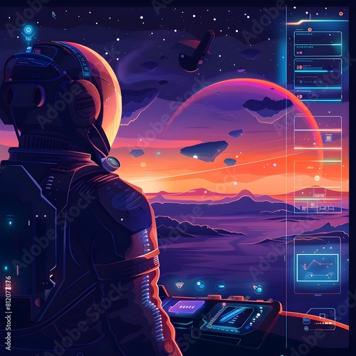 Inquisitive Travelers Embark on Futuristic Interstellar Voyage with Advanced Technological Interface