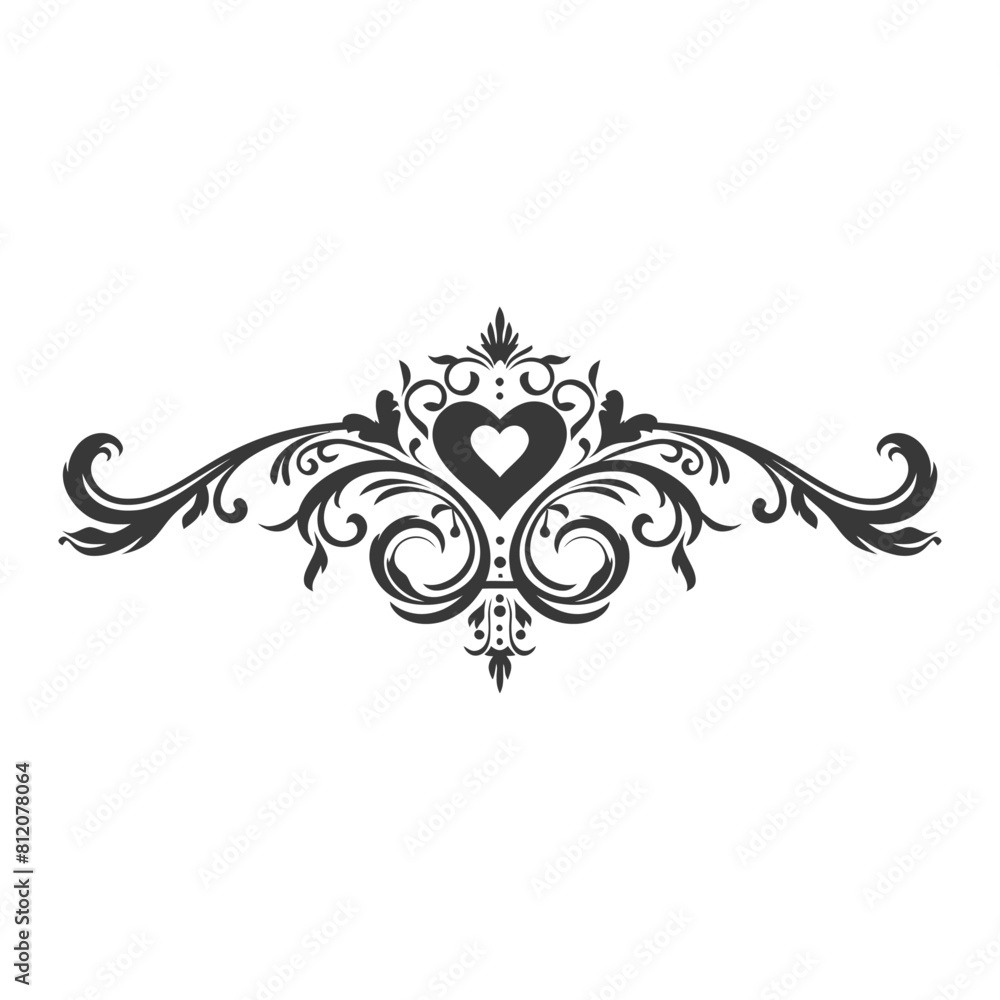 Silhouette horizontal line divider with Hearth shape ornament black color only Silhouette horizontal line divider with Hearth shape ornament black color only