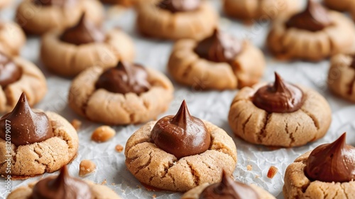 Delicious Peanut Butter Blossom Cookies. Soft, Baked Treats Topped with Chocolaty Kisses - Perfect photo