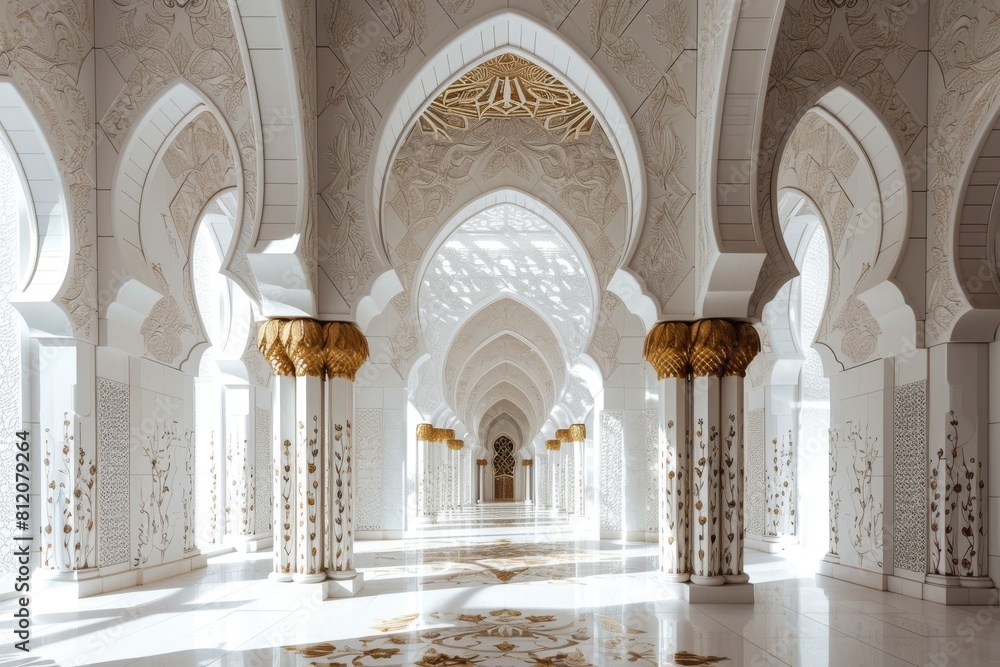 Mosque elements in ornate , Islamic architecture style interior. White, golden colors, stars Ramadan Kareem. Muslim community festival, AI-generated