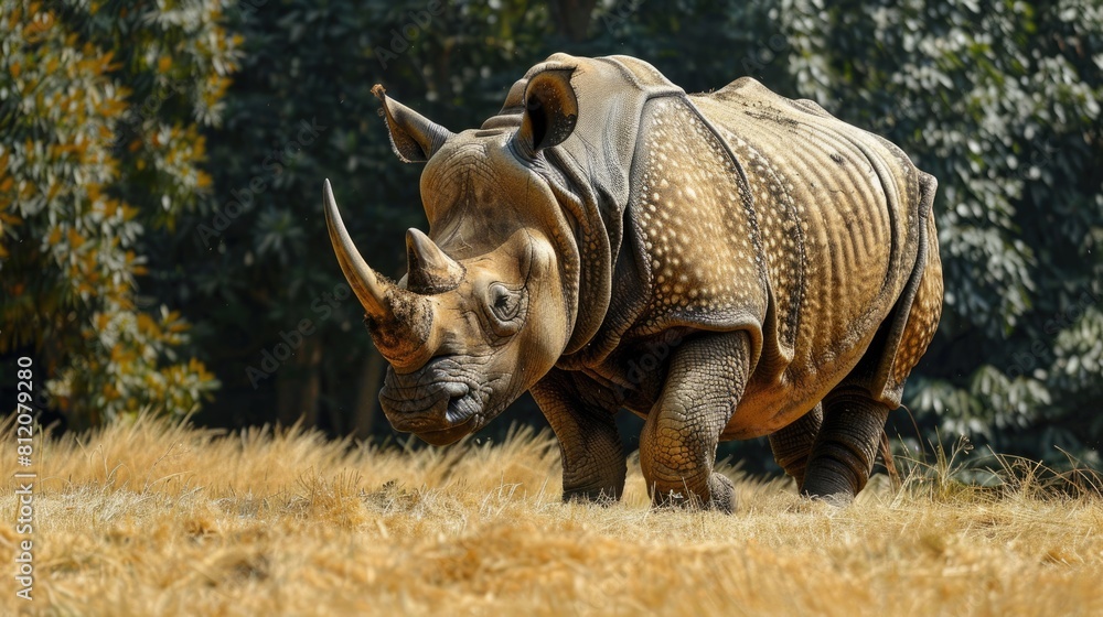 Fototapeta premium Full-length Adult Sumatran Rhino Walking on Dry Grass in Indonesia. Mammal Herbivore from Asia
