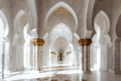 Mosque elements in ornate , Islamic architecture style interior. White, golden colors, stars Ramadan Kareem. Muslim community festival, AI-generated