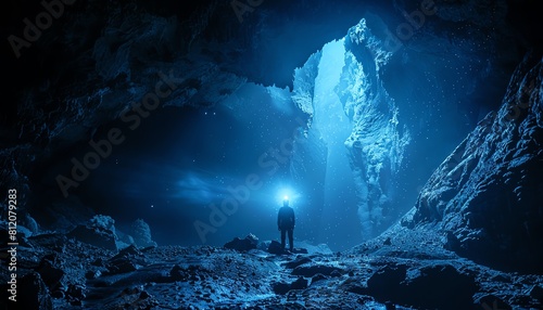 Adventurous spelunker exploring a vast cave system, helmet light illuminating the rocky textures, ideal for extreme sports content photo