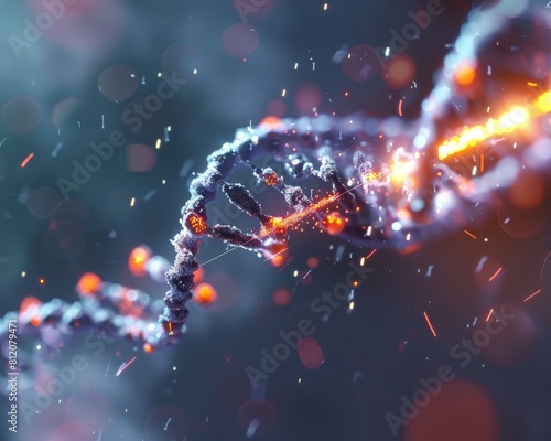A microscopic view of a gene editing tool like precisely targeting a faulty section of DNA