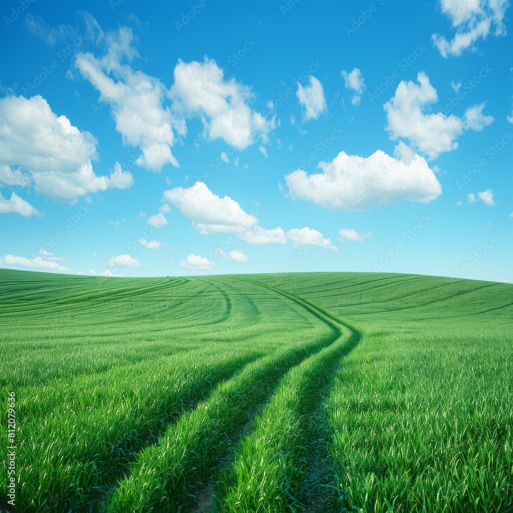 Naklejka premium Wide field of green grass, with the horizon in focus and blue sky above 