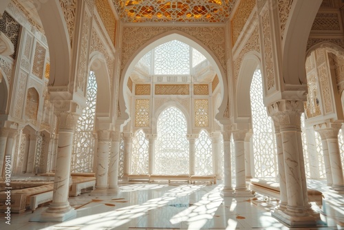 Mosque elements in ornate , Islamic architecture style interior. White, golden colors, stars Ramadan Kareem. Muslim community festival, AI-generated