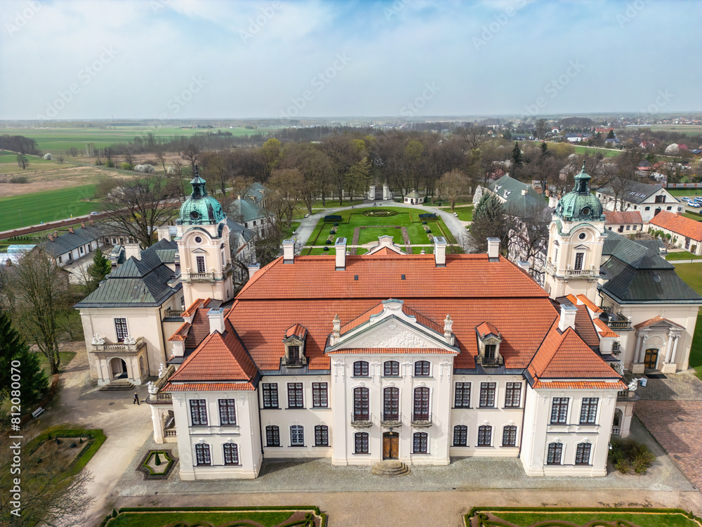 Kozlowka, Poland, Museum in the Kozlowka Zamoyskich. A park full of flowers, Palace garden in the museum Zamoyskich w Kozłówce. View from the drone. Kozlowka, Poland, Museum in the Kozlowka Zamoyskich. A park full of flowers, Palace garden in the museum Zamoyskich w Kozłówce. View from the drone.