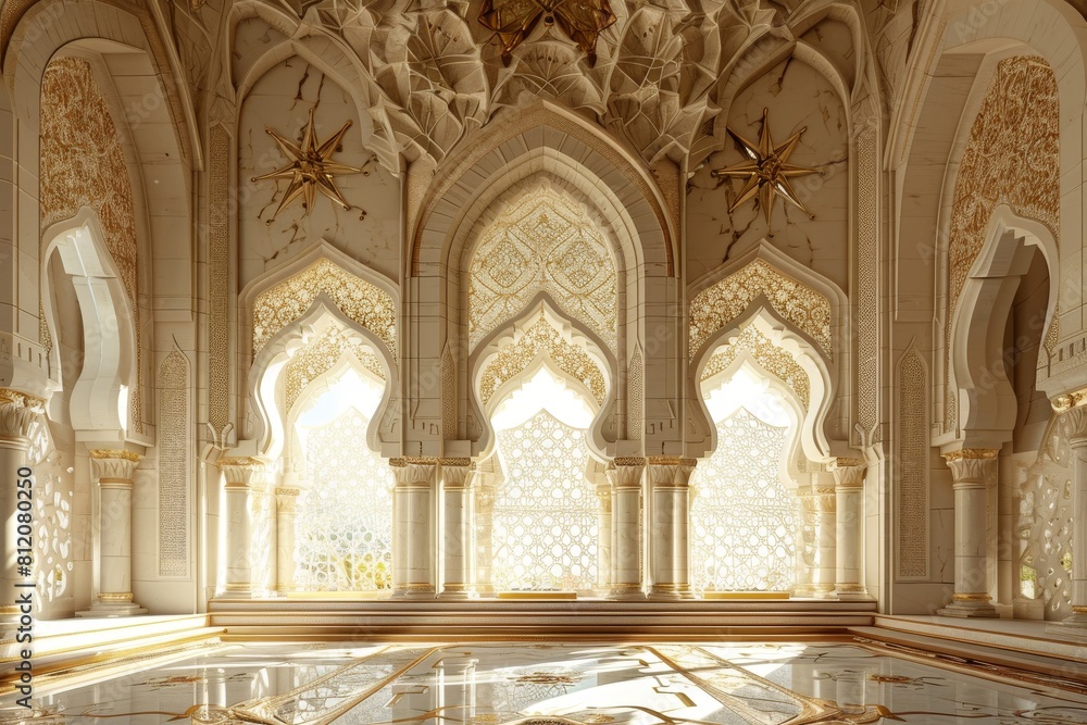 Mosque elements in ornate , Islamic architecture style interior. White, golden colors, stars Ramadan Kareem. Muslim community festival, AI-generated