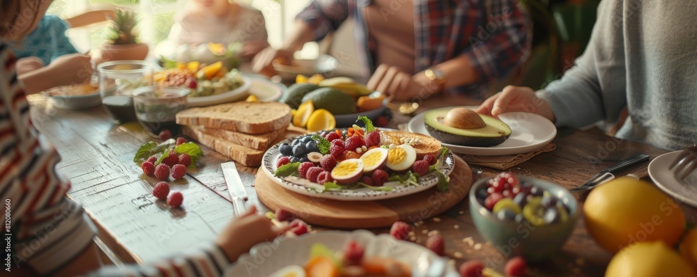 A photorealistic image of a family enjoying a healthy breakfast together, with wholewheat toast, scrambled eggs, sliced avocado, and fresh berries on the table