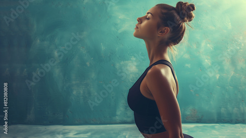 Essence of self-improvement through yoga, featuring an athletic girl gracefully executing the upward dog pose against azure background, symbolizing the journey of building a better body and mind.