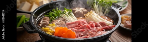 A photorealistic image of a steaming pot of sukiyaki on a table filled with thinly sliced beef, vegetables, tofu, and shirataki noodles