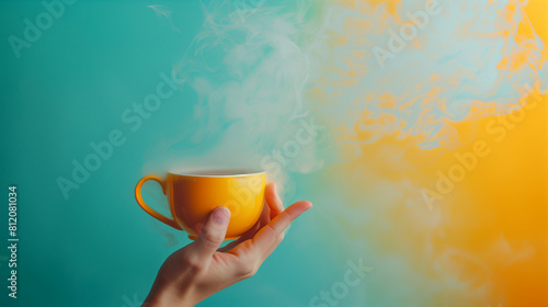 A hand delicately holding a steaming cup of tea, with swirling smoke forming a mesmerizing cloud against a backdrop of contrasting light sky-blue and dark yellow hues.