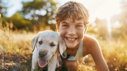 A cute teenage boy with striking blue eyes is having a blast outdoors on a sunny summer day making the most of his weekend with his delightful white and pink Labrador retriever puppy The hap photo