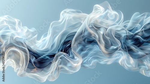 A flowing abstract design of blue and white on a light blue background.