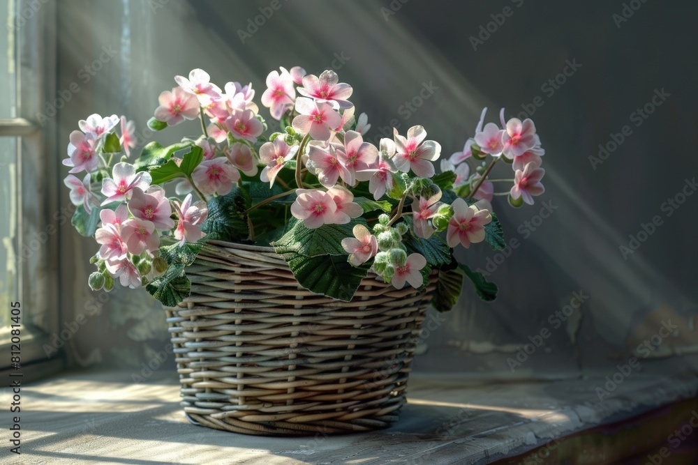 A wicker basket filled with delicate pink and white flowers stands near the window, bathed in sunlight. A wicker basket filled with delicate pink and white flowers stands near the window, bathed in sunlight.