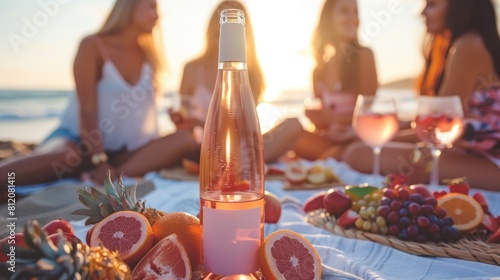 A group of young and beautiful women best friends are enjoying a summer picnic at the beach during sunset They are celebrating a hen party with rose wine and fresh fruits and the focus is o photo