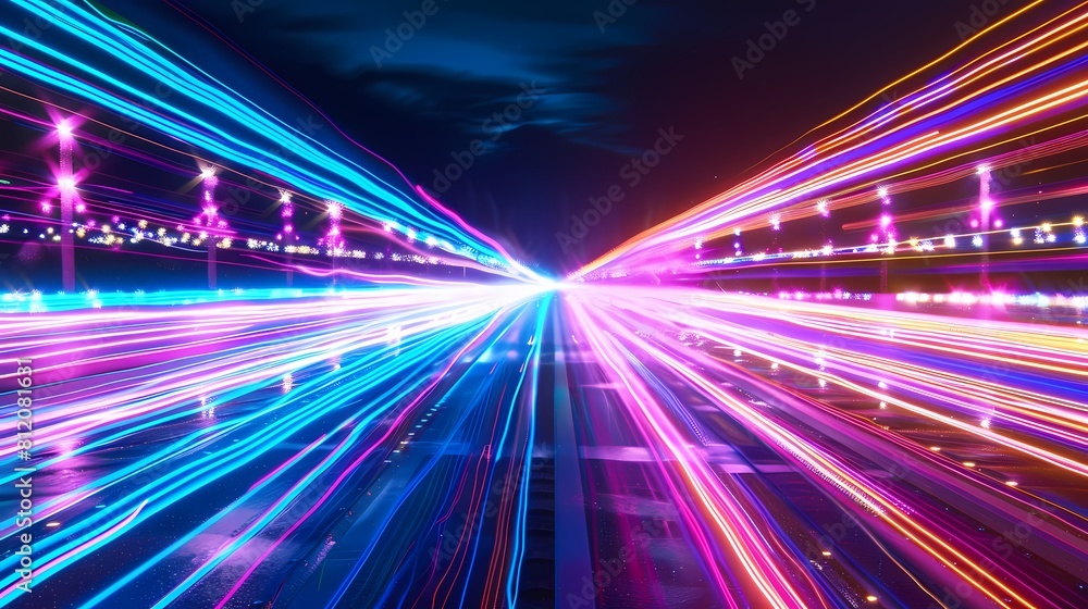 City lights streaking in a vibrant neon dance on the road City lights streaking in a vibrant neon dance on the road