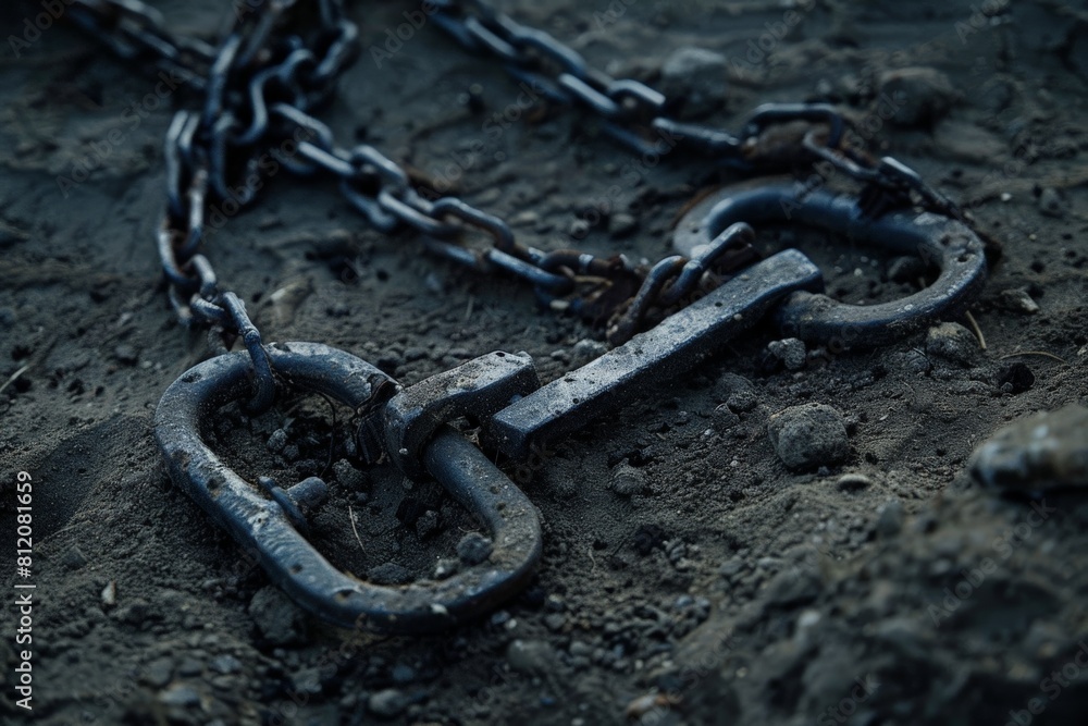 Obraz premium A symbolic image a pair of locked shackles with broken chains lying on the ground, representing escape or defying arrest