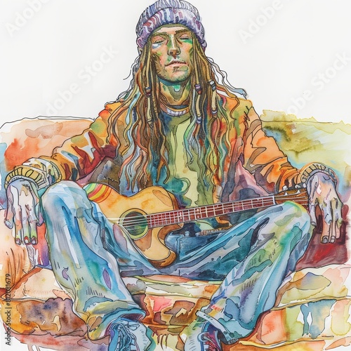 Relaxed Musician in a Psychedelic Setting Generative AI photo