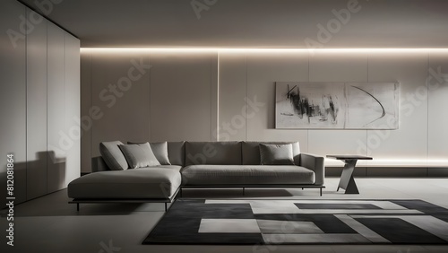 A minimalist living room sofa in soft gray fabric againts modern and clean lined wall. Ai Generate