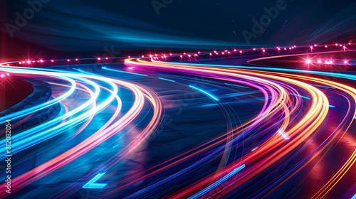 Colorful light trails on a winding road at night