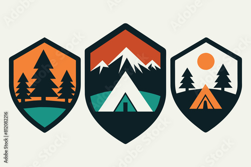 Mountain hiking t shirt design bundle, Set of camping outdoor illustration badge logo photo