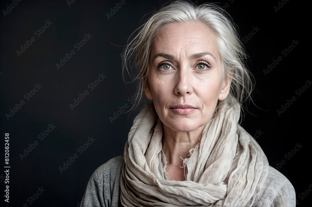 Elegantly portrait of a serene middle-aged woman, her symmetrical features , evoking a timeless beauty in a captivating , the concept of women's day, mother's day and grandmother's day Elegantly portrait of a serene middle-aged woman, her symmetrical features , evoking a timeless beauty in a captivating , the concept of women's day, mother's day and grandmother's day