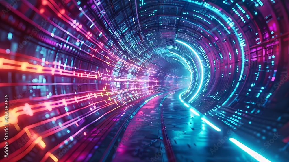 Fototapeta premium Diving into the digital vortex a neon infused cyber tunnel