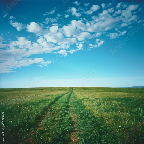 Wide field of green grass  with the horizon in focus and blue sky above 