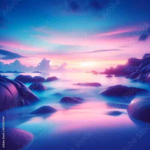Pastel Serenity: Tranquil Sea Reflects Dreamy Twilight Colors. Soft Pastel Hues Paint a Peaceful Seascape. Serene Beauty. generative AI © EVISUAL