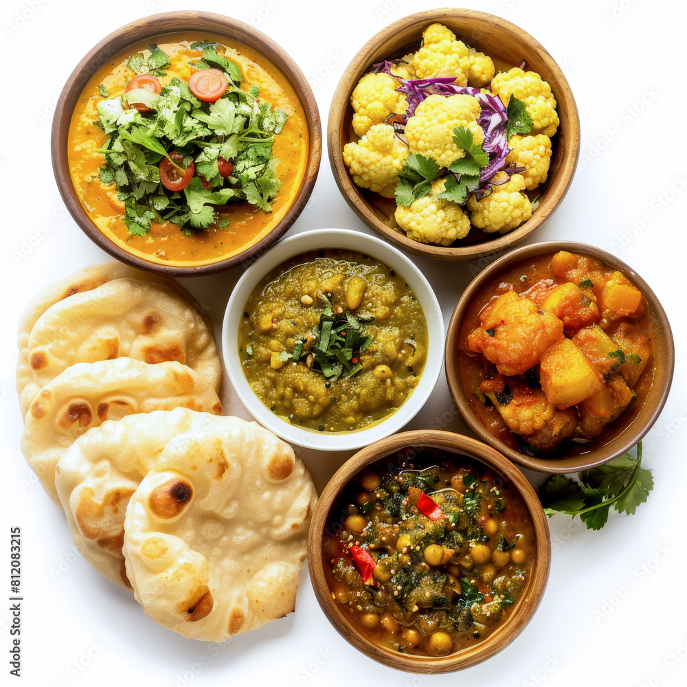 Diverse textures and colors in an array of Indian cuisine, including curry and naan bread in wooden bowls