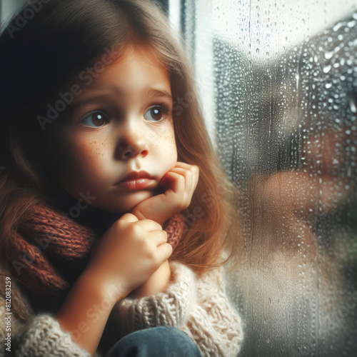 Raindrop Reflections: A Young Girl Gazes Out at the Autumn Rain. A Thoughtful Child Watches the Autumn Rain Fall. generative AI © EVISUAL