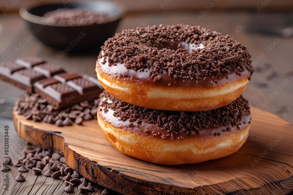 Tempting donuts, satisfying snacks or desserts, culinary marvels garnished with sweet powdered sugar, chocolate, biscuit crumbs, and cream. Tempting donuts, satisfying snacks or desserts, culinary marvels garnished with sweet powdered sugar, chocolate, biscuit crumbs, and cream.