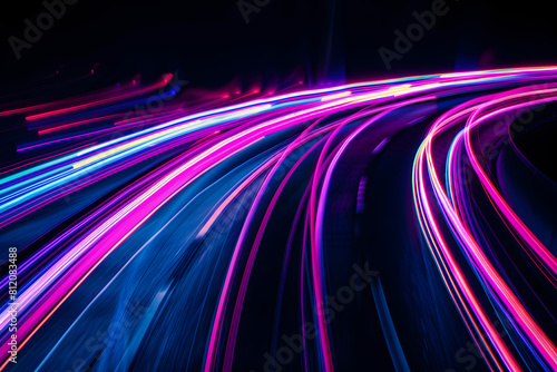 Bold neon lines in blue and purple on black background. Striking abstract artwork.