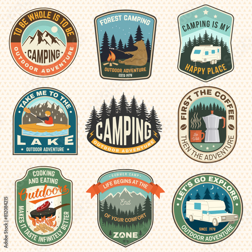 Set of Summer camp patches. Vector. Concept for shirt or logo, print, stamp, patch or tee. Stickers with steak in a pan, kayaker, bear, campfire, forest, mountain.
