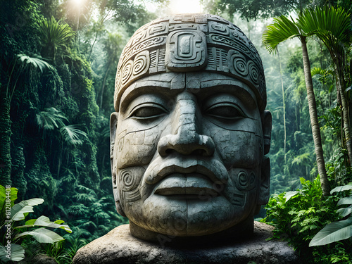 Olmec Enigma: Mysterious Stone Head in Lush Jungle. Ancient Legacy. generative AI photo