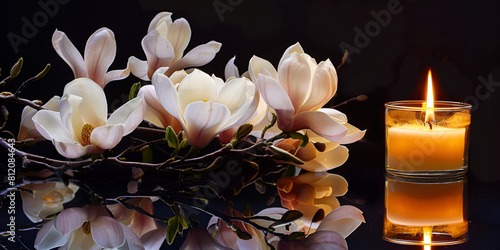 Serene candlelight and fresh lilies mirrored in the calm waters below with black background © Zaid