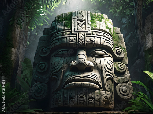 Olmec Enigma: Mysterious Stone Head in Lush Jungle. Ancient Legacy. generative AI photo