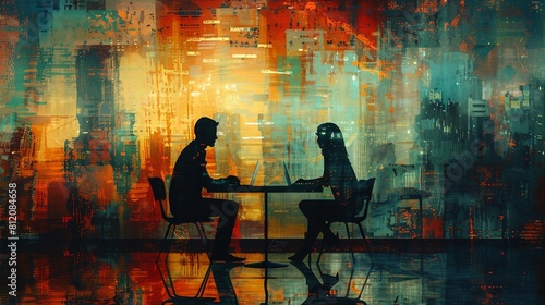 Silhouettes of two people working at a table. AI generate illustration