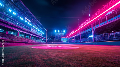 Baseball Stadiums Neon Urban  A photo showcasing the urban and modern vibe of an empty baseball stadium
