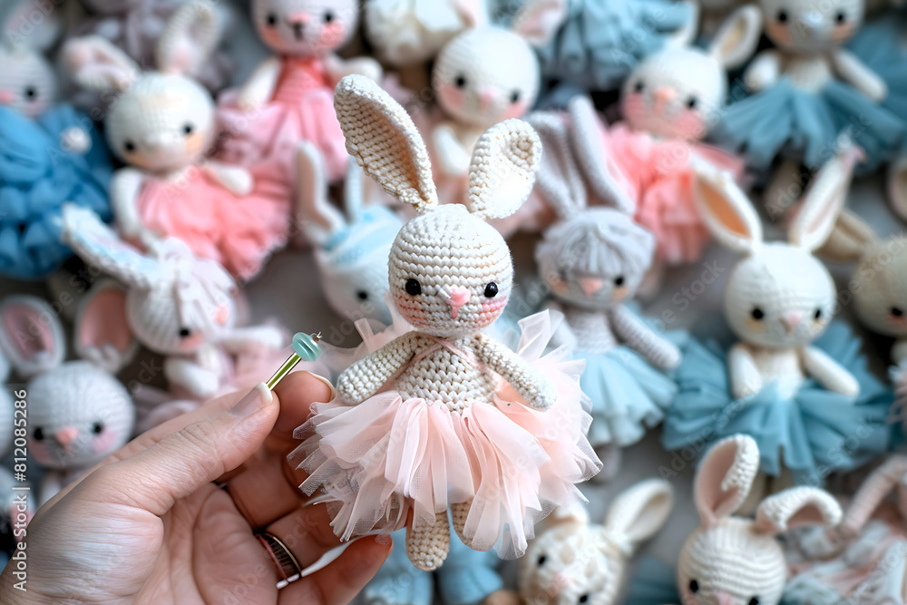 Fototapeta premium amigurumi crochet bunny, hobby knitting concept, handmade toy wallpaper, creative workshop banner, diy present