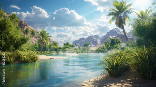 Desert Oasis: Neon visuals showcasing a desert oasis, with lush greenery and sparkling water