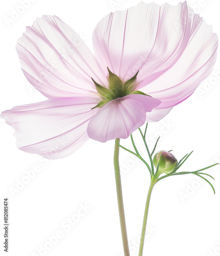 A pink cosmos flower with a green stem against a plain white background. 