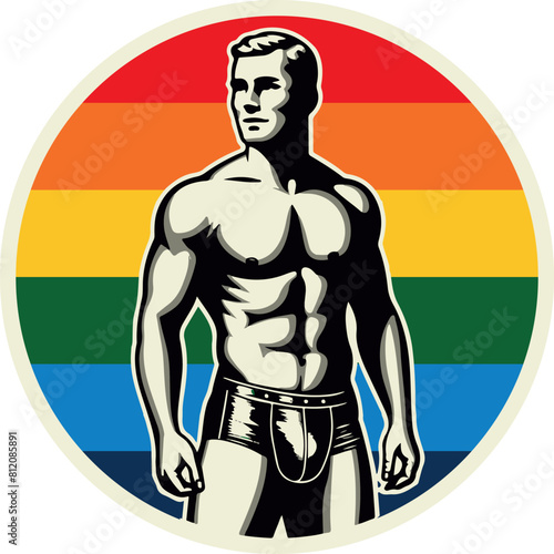 Round icon, vector logo: a muscular gay guy in leather shorts on the background of the LGBTQ+ flag