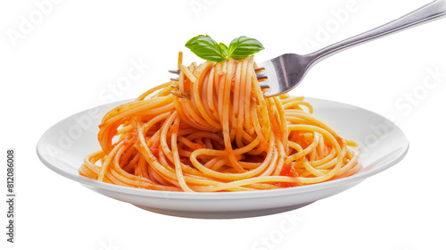 Close-up of spaghetti twirled on a fork above a white plate against a white background