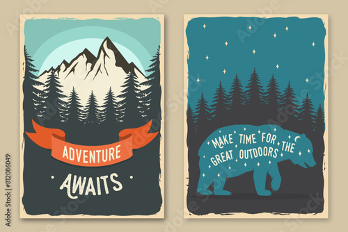 Set of camping retro posters. Vector illustration. Flyer, brochure, banner template design with travel inspirational quotes, landscape, bear, campfire, forest and mountain silhouette.