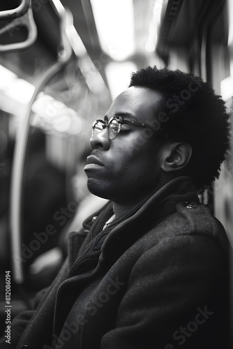 A side view of a man in a winter coat sitting inside a subway train contemplating