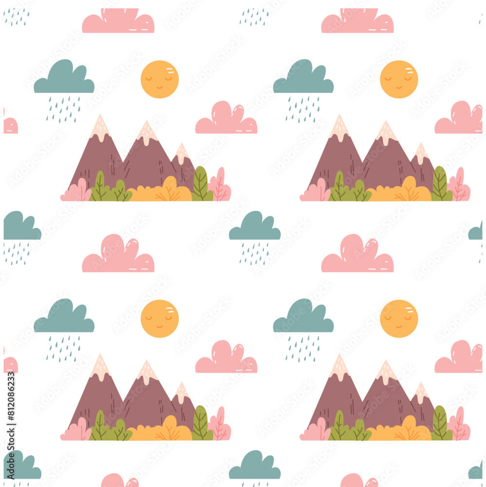 Seamless pattern with mountains, clouds and sun. Vector illustration Seamless pattern with mountains, clouds and sun. Vector illustration