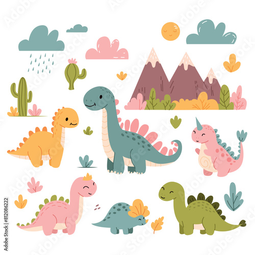 Cute dinosaurs, dino vector set. Dinosaurs in the forest.  © Allakulyevva