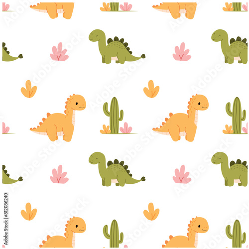 Cute dinosaurs and cactuses seamless pattern. Vector illustration. 